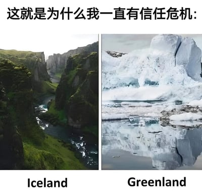 图片为左右对比结构，上方配有文字'这就是为什么我一直有信任危机：'。左侧图片标注为'Iceland'（冰岛），展示的是绿意盎然的山谷与河流景观；右侧图片标注为'Greenland'（格陵兰），则呈现出冰雪覆盖的冰原与冰山景象。通过冰岛名字含'冰'却实际绿意盎然，格陵兰名字含'绿'却实际冰雪覆盖的强烈反差，幽默地表达了因名称与现实不符而产生的'信任危机'。