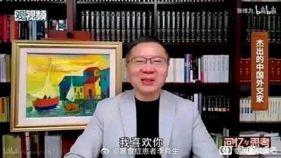 这是一张经过二次创作的B站视频截图，画面中的学者张维为原本在进行严肃的内容讲述，却被配上了“我喜欢你”的字幕，形成强烈的反差感，制造出搞笑效果。画面右侧有竖排文字“杰出的中国外交家”，背景是摆满书籍的书架和一幅色彩鲜艳的帆船油画，图中还带有多个平台和用户的水印，包括左上角的“观视频”、右上角的“张维为bilibili”、左下角的“bilibili”、底部的微博用户水印以及右下角的贴吧标识。