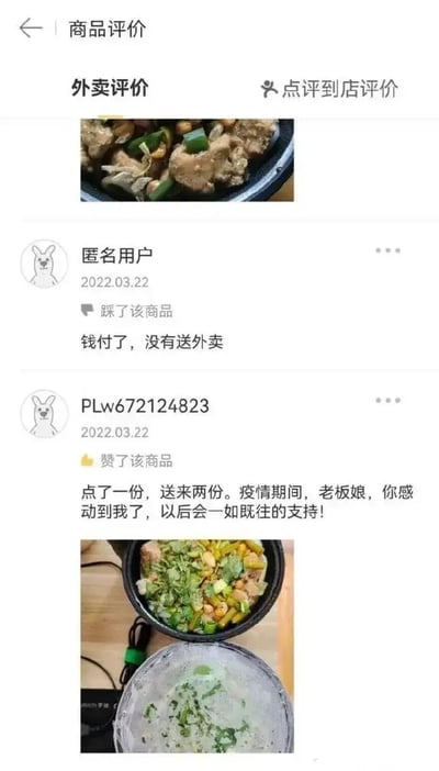 这张图展示了外卖平台上的两个极为对比的用户评价：一个用户表示付了钱但外卖没有送到，另一个用户则称只点了一份却收到了两份，并且留言感谢老板在疫情期间的贴心举动。两者形成鲜明反差，颇具网络调侃和自嘲色彩。

没有明显的谐音梗，但构成了“极端体验型”幽默，是平台点评区常见的对比梗。