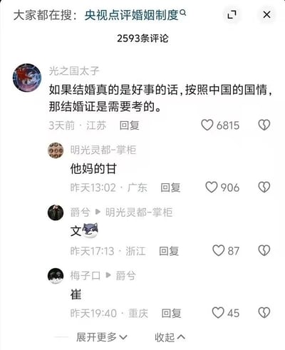 这是一张竖屏格式的社交媒体评论区截图，顶部显示当前热门搜索词为“央视点评婚姻制度”，该话题共有2593条评论。其中用户“光之国太子”的高赞评论表示“如果结婚真的是好事的话,按照中国的国情,那结婚证是需要考的”，获得了6815个赞。下方三位用户“明光灵都-掌柜”“爵兮”“梅子口”分别回复“他妈的甘”“文”“崔”，将这三段内容连起来是谐音“他妈的干脆离婚”，用拆字的谐音梗方式来吐槽婚姻相关话题，传递出对婚姻的负面情绪与无奈感。