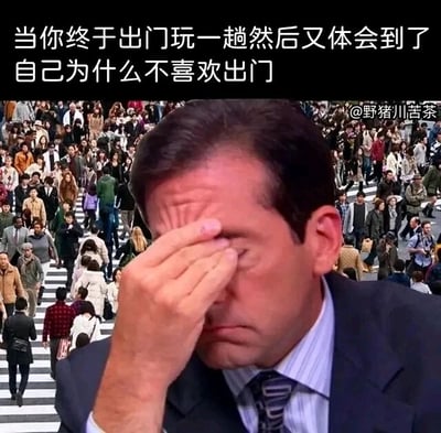 这是一张经过P图改编的合成图像，前景截取了美剧《办公室》（美国版）中角色迈克尔·斯科特的剧照，该角色穿着西装，眉头紧皱，用手按压眼睛，神情满是烦躁、无奈与疲惫；背景是一张展现着拥挤到水泄不通的人行横道人群的街景照片，直观传递出出门时的拥挤嘈杂感。图的上方配有文字“当你终于出门玩一趟然后又体会到了自己为什么不喜欢出门”，精准地调侃了社恐人群或是偏好独处的宅家人群，在鼓足勇气出门后，被拥挤的环境、喧闹的氛围劝退，瞬间理解自己为何更爱宅家的心情，引发这类人群的强烈共鸣。