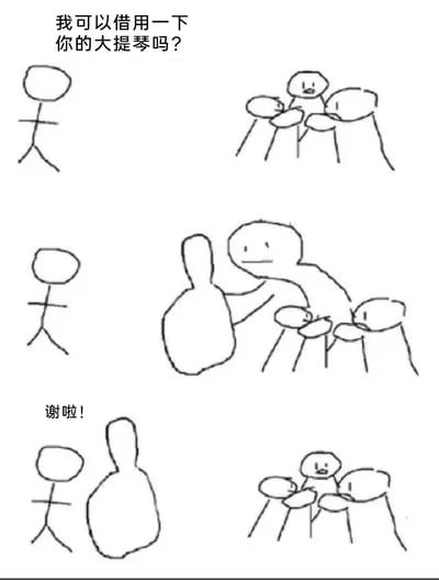 这是一幅由三格组成的黑白手绘涂鸦连环漫画，核心是利用视觉错位制造荒诞搞笑的效果。第一格中，左侧的简笔画小人面向右侧由几个小人肢体拼接成的、形似大提琴的造型，开口询问“我可以借用一下你的大提琴吗？”；第二格呈现中间的小人将自己的身体（即被错认为大提琴的部分）“递”给左侧小人的过程；第三格中，左侧小人拿着这个“大提琴”向剩下的小人道谢，而剩下的小人重新组成了第一格中的肢体造型，此时观众才会反应过来，所谓的“大提琴”其实是中间小人的身体，是视觉错觉造成的误解，整个故事用极简的涂鸦完成了一个反差感拉满的搞笑梗。