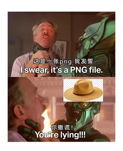 这是一张改编自经典超级英雄电影场景的搞笑梗图，分为上下两部分。上图中，2002年《蜘蛛侠》里的报社老板J·乔纳·詹姆森被绿魔掐住脖子，面露痛苦地辩解称自己提供的是PNG格式文件，配文为“这是一张png 我发誓 I swear, it's a PNG file.”；下图中绿魔露出狰狞愤怒的表情，配文“你撒谎！You're lying!!!”，同时在画面右侧添加了一张带有透明背景的草帽PNG素材。该梗图调侃了职场或设计场景中，一方声称提供的是透明背景PNG文件却遭到另一方质疑的常见小矛盾，利用电影中识破谎言的激烈场景放大这种情景，制造出反差搞笑的效果。