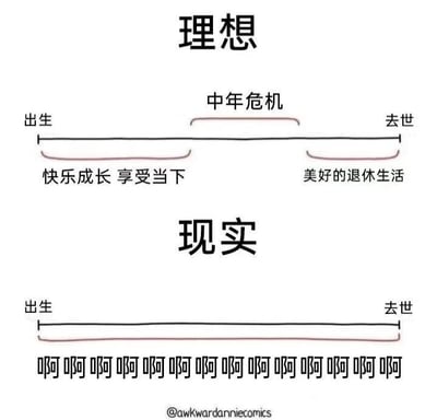 图片通过上下对比的形式呈现了理想与现实的人生阶段差异。上方“理想”部分展示了从出生到去世的时间线，包含“快乐成长 享受当下”“中年危机”“美好的退休生活”三个阶段；下方“现实”部分则将整个人生时间线标注为连续的“啊啊啊啊啊啊啊啊啊啊啊”，以夸张的方式幽默对比了理想中有序的人生与现实中充满混乱和压力的状态。