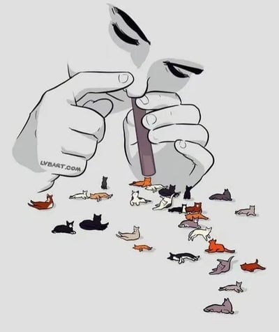 插画中展示了一只巨大的手（仅可见手部及部分闭眼的面部轮廓）正握着一根垂直的棍子，棍子下端周围环绕着许多颜色各异的小猫（包括橙色、黑色、白色、灰色等），它们或躺或坐，姿态悠闲。整体风格为简洁的线条画，背景为浅灰色，画面呈现出一种宁静而温馨的氛围。