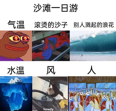这是一张多图拼接的吐槽类梗图，以“沙滩一日游”为主题，用六张不同的网络热图分别对应沙滩游玩时的六种体验：用双眼冒火的悲伤蛙表现气温极高、酷热难耐；用躺卧在轨道上一脸痛苦的蜘蛛侠（配“烧”字）表现沙滩沙子滚烫的难受感；用巨大海浪的实景图表现被别人溅起的大浪花波及的无奈；用冰山图表现海水冰冷的水温；用抓着汽车方向盘的老鹰图夸张地表现海边风势极大；最后用《海绵宝宝》里一群尖叫的鱼群图，表现沙滩上人多嘈杂、拥挤混乱的状态，整体通过夸张的网络梗图，生动吐槽了沙滩游玩时遇到的各种不尽人意的状况。