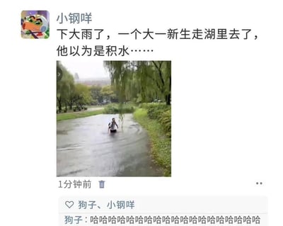 这是一张微信朋友圈截图，发布者“小钢咩”分享了校园里的搞笑社死瞬间：下大雨时，一名大一新生因为视觉误判，将校园里的湖面当成了路面积水，直接走进了湖里，图中可见该学生的身体已经被湖水淹没至腰部，姿态尴尬。评论区的好友“狗子”连发一串“哈哈哈哈”，调侃这个社死场景，整体内容充满了搞笑、尴尬的氛围，是典型的校园生活趣事记录。
