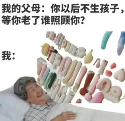 这张梗图通过幽默方式回应了父母对不生育人群养老问题的担忧。图片上方文字显示父母提问："你以后不生孩子，等你老了谁照顾你？"，下方以"我："引出一张 elderly woman 躺在床上的照片，周围环绕着各种颜色和形状的性玩具，形成滑稽的视觉对比，暗示用性玩具替代子女照顾的调侃意味。