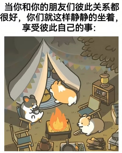 图片上方配有文字“当你和你的朋友们彼此关系都很好，你们就这样静静的坐着，享受彼此自己的事：”，下方是一幅温馨的卡通插画。画面中三只柯基在户外露营场景中各自活动：一只坐在蓝色木椅上手持茶杯，一只正从挂着彩色三角旗的帐篷入口进入，还有一只趴在篝火旁摆弄木棍。周围有木质储物柜、灯笼、茶壶、蔬菜和柴火等露营物品，整体氛围轻松惬意，展现了好朋友间无需言语的默契陪伴。