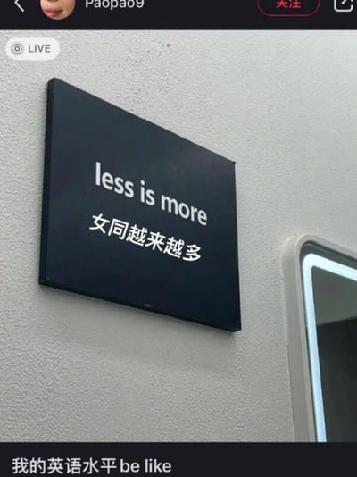 这是一张用于调侃英语水平的网络梗图，取自社交媒体界面截图。图中主体是浅灰色墙面上悬挂的黑色装饰牌，牌上原本印有经典设计理念英文“less is more（少即是多）”，被恶搞添加了错误的中文翻译“女同越来越多”，该翻译利用“less”的发音和女同俗称“les”相近、“is more”谐音“越来越多”的谐音梗制造笑点；图片底部配文“我的英语水平be like”，用以自嘲英语水平不佳，翻译内容只会按照自己熟悉的网络俚语空耳解读。