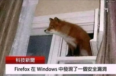 图片中一只棕红色的狐狸正坐在白色的窗框里，身体微微前倾，侧头望向左侧，眼神警觉。图片底部有类似新闻播报的文字条，红色背景部分写着“科技新聞”，白色背景部分则是“Firefox 在 Windows 中發現了一個安全漏洞”。这张梗图巧妙运用了双关和谐音梗：将浏览器“Firefox”（火狐）字面拆解为“火狐”（fox），同时把操作系统“Windows”（视窗）字面理解为“窗户”，通过一只真实的狐狸出现在窗户里的画面，幽默地演绎了“Firefox在Windows中发现安全漏洞”这一科技新闻标题，制造出荒诞又搞笑的效果。