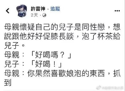 这是一张社交媒体截图，用户“許雷神”发布了一个利用双关语制造笑点的搞笑段子：母亲怀疑儿子是同性恋，于是泡了一杯茶想和儿子促膝长谈，询问儿子茶是否好喝，在儿子给出肯定回答后，母亲说出“你果然喜歡娘泡的東西，抓到”，这里的“娘泡”同时具备“母亲泡制的”和形容男性阴柔（暗指同性恋）的双重含义，以此形成谐音双关的搞笑效果。图片右下角带有微博用户“@超级破坏犬大将”的水印，表明该内容被该微博用户转发传播。