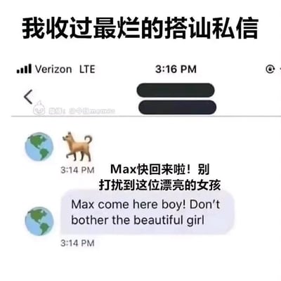 这张图是一张经过整理的社交媒体聊天记录截图，顶部配有醒目的黑色文字“我收过最烂的搭讪私信”，点明了图的核心吐槽点。截图展示的是一段私信对话，发送消息的用户使用地球作为头像，先后发送了两条消息：第一条是中文“Max快回来啦！别打扰到这位漂亮的女孩”，第二条是英文“Max come here boy! Don’t bother the beautiful girl”。这里的搭讪逻辑是，发消息者虚构了一只名为Max的狗，假装狗打扰到了收信人，以此为借口开启对话，但这种方式非常刻意、生硬，完全没有自然的交流感，显得尴尬又滑稽，因此被归类为“最烂的搭讪私信”，通过这种反差感来制造搞笑效果，引发网友对尴尬搭讪经历的共鸣。