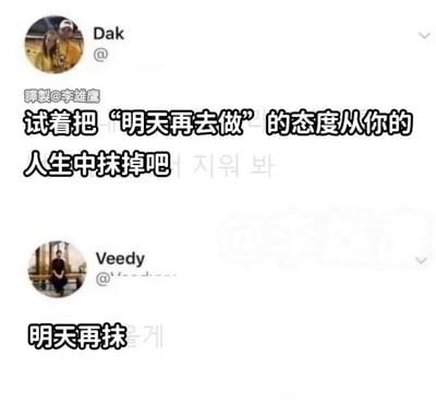 图片为社交媒体评论截图，展示了一段关于拖延症的搞笑对话。上方用户Dak发布内容：“试着把‘明天再去做’的态度从你的人生中抹掉吧”，下方用户Veedy回复：“明天再抹”。通过这种反差形成幽默效果，讽刺了人们面对克服拖延建议时依然选择拖延的行为。