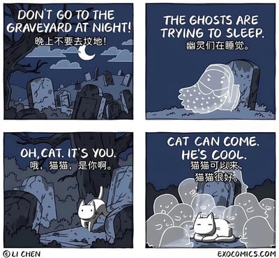 这是一组四格漫画，描绘了夜晚坟地的趣味场景。第一格展现夜空下的坟地，配文“晚上不要去坟地！”；第二格中戴睡眠眼罩的幽灵抱怨“幽灵们在睡觉”，揭示禁止入内的原因；第三格一只白猫出现，幽灵们认出后说“哦，猫猫，是你啊”；第四格众幽灵友好围坐，允许猫猫留下：“猫猫可以来，猫猫很好”。通过幽灵怕打扰与对猫猫的宽容形成反差萌，营造轻松幽默氛围。