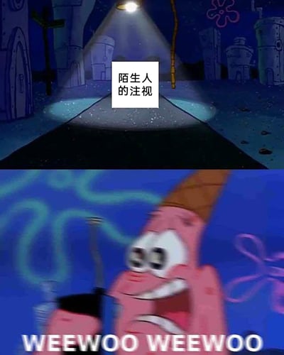 这是一张由《海绵宝宝》动画截图二次创作而成的上下拼接梗图，上半部分展示了夜晚昏暗的海底街道，路灯的光束下配有文字“陌生人的注视”，营造出一种被未知目光注视的不安、局促氛围；下半部分是派大星的画面，他的表情慌乱，画面模糊，配文“WEEWOO WEEWOO”模拟出内心的警报声，生动地表现出社恐人群在被陌生人注视时，内心极度焦虑、想要立刻逃离的情绪状态，精准戳中社恐群体的共鸣点。