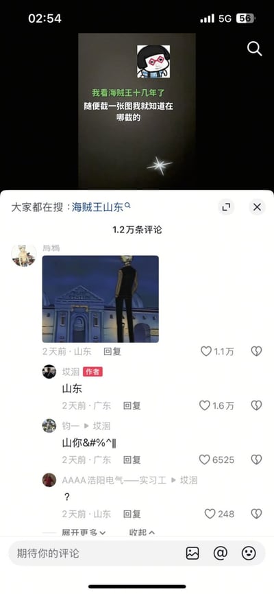 图片为社交媒体评论区截图，顶部显示用户头像及文字“我看海贼王十几年了 随便截一张图我就知道在哪嘞截的”。下方为搜索栏“大家都在搜: 海贼王山东”及评论区，用户“局焗”发布《海贼王》动画截图（角色山治站立于建筑前），作者“坟涧”回复“山东”获1.6万赞，另一用户评论“山你&%#%”引发互动。整体围绕“海贼王山东”梗展开调侃，充满搞笑氛围。
图片中存在双关：用户将《海贼王》角色“山治”的“山”与中国省份“山东”关联，形成“海贼王山东”的搞笑谐音梗。