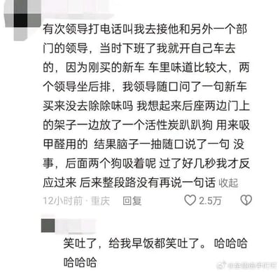 这是一张记录职场社死瞬间的搞笑文字截图。内容讲述作者下班后开新车接两位领导，因车内异味被领导询问时，误将“活性炭趴趴狗吸甲醛”表述为“后面两个狗吸着呢”，引发全场沉默的尴尬趣事。文字通过生活化叙事展现了口误带来的幽默效果，突出职场沟通中的意外笑点。