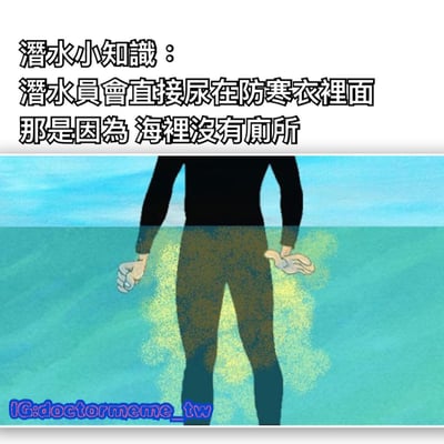 这张梗图以“潜水小知识”为主题，上方文字写着“潜水员会直接尿在防寒衣里面 那是因为 海里没有厕所”，下方是一幅卡通风格的潜水员水下插画，潜水员穿着黑色防寒衣，下半身周围有黄色绿色的模糊色块，形象地暗示正在排尿的情景，用幽默诙谐的方式解释了潜水员在水下的特殊生理需求处理方式。