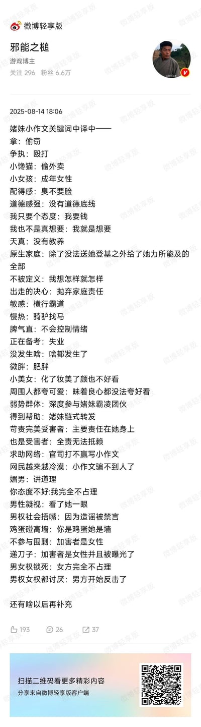 微博游戏博主「邪能之槌」发布的一条犀利吐槽微博，整理了一组「婊妹小作文」里的美化话术与直白真相的对应表，将诸如「拿」译为「偷窃」、「争执」译为「殴打」等，用反向翻译的方式讽刺这类小作文里的话术包装，风格尖锐直白，戳中网络上对这类模糊表述的不满。