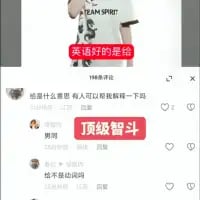 这是一张社交媒体评论区的截图，画面上方展示了一件印有英文“TEAM SPIRIT”的服饰，下方评论区有用户留言询问“这是什么意思 有人可以帮我翻译一下吗”，随后有其他用户回复“男同”“这不是动词吗”。图中还添加了两处红色背景的文字标注，分别是“英语好的是给”和“顶级智斗”。
这张图玩了谐音和恶意翻译的梗，将原本意为“团队精神”的“TEAM SPIRIT”故意曲解成“男同”，再结合后续的回复制造出荒诞搞笑的效果，属于网络上的玩梗内容。