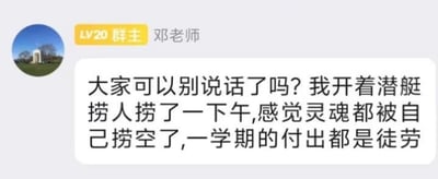 这是一张微信的群聊截图，LV20群主邓老师在群中发言，请求群成员暂时别说话，并吐槽自己“开着潜艇捞人捞了一下午，感觉灵魂都被自己捞空了，一学期的付出都是徒劳”。这里的“开潜艇捞人”是幽默的比喻，用来形容自己一学期以来费劲地辅导学生，却没能得到预期的成果，满是疲惫与挫败感，精准抒发了教师在教学过程中付出良多却收效甚微的无奈情绪。