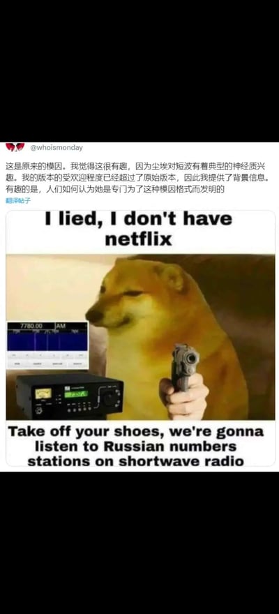 这是一张由X平台用户@whoismonday二次创作的网络梗图，以知名的柴犬模因Cheems为主体，通过图像合成的方式为其添加了一只持枪的手，并搭配短波电台设备元素。图中上方英文文字为“I lied, I don't have netflix”（我撒谎了，我没有Netflix），下方文字为“Take off your shoes, we're gonna listen to Russian numbers stations on shortwave radio”（脱掉你的鞋子，我们要听短波上的俄语数字电台）。上方的中文评论是作者对该梗图的说明，提到这是他改编的版本，受欢迎程度超过了原始模因，还指出很多人误以为这个柴犬角色是专为该梗格式而生，同时提到原版梗和“尘埃对短波的神经质兴趣”相关。该梗的笑点在于将“没有流媒体平台Netflix”的日常谎言，转向强迫对方收听带有神秘间谍都市传说色彩的俄语短波数字电台，这种强烈的反差结合柴犬梗图的魔性效果，制造出荒诞搞笑的氛围。