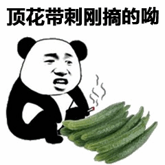 图片中是经典的熊猫头表情包角色，它有着人类般的面部表情，看起来略带无奈。角色身旁放着一堆新鲜的绿色黄瓜，黄瓜顶部还带着花（顶花带刺），并有热气冒出，仿佛刚摘下来还带着温度。图片顶部配有文字“顶花带刺刚摘的呦”，强调黄瓜的新鲜度，整体营造出一种幽默诙谐的氛围。
