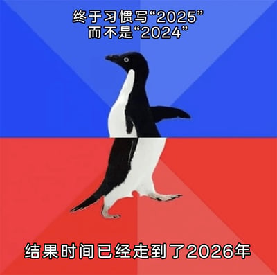 这是一张改编自经典梗图的静态图文内容，背景采用上蓝下红的放射状分割色块，主体是被水平分割后错位拼接的企鹅形象，上方配文“终于习惯写‘2025’而不是‘2024’”，下方配文“结果时间已经走到了2026年”。通过这种视觉上的分裂感，精准地传递出人们在日常忙碌中对时间流逝的感知滞后：当自己好不容易适应新一年的书写习惯，却惊觉时间早已悄然推进到了更往后的年份，生动地表达了对时间飞逝的无奈与感慨，极易引发大众对快节奏生活中跟不上时间脚步的共鸣。