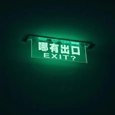 这是一个模仿标准应急出口指示牌样式制作的恶搞标识，采用常见的绿色背光悬挂式设计，标牌上用醒目的白色字体标注了中文“哪有出口”，下方搭配英文“EXIT?”，完全颠覆了常规出口指示牌明确指引逃生方向的功能性，转而传递出迷茫、找不到出路的戏谑情绪，常被用来表达在生活、工作中陷入困境、找不到方向的心境，也可作为密室逃脱、主题空间的趣味装饰。