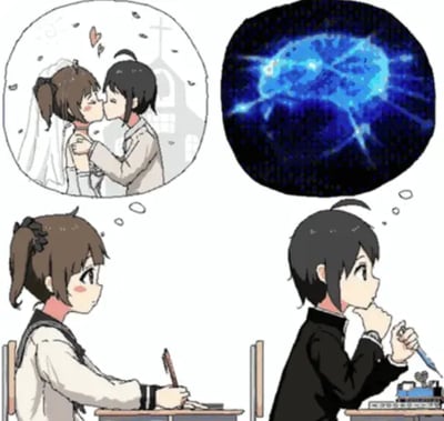 这是一张二次元卡通风格的反差搞笑梗图，画面下方呈现教室上课场景，左侧是穿着水手服校服的女学生，右侧是穿立领学生制服的男学生，二人都处于走神状态。画面上方的两个思想泡泡直观体现了两人完全不同的幻想内容：女生的幻想泡泡中是自己身着婚纱和男生在教堂接吻的浪漫婚恋场景，周围飘着爱心与花瓣；男生的幻想泡泡中则是散发着蓝光的酷炫宇宙/天体特效画面，和感情完全无关，二者幻想内容的巨大差异构成了核心笑点。