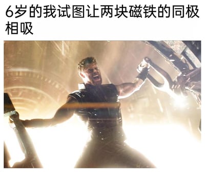 这是一张搞笑共鸣类梗图，上方配文“6岁的我试图让两块磁铁的同极相吸”，下方选用漫威电影中雷神托尔发力拉扯物体的剧照，托尔表情狰狞、双臂使出浑身力气对抗阻力的画面，完美还原了童年时期，明明知道磁铁同极相斥的物理规律，却还是不甘心地使出全身力气想要让它们相吸的较劲又无奈的状态，用超级英雄的夸张场景来放大童年的小执着，引发网友对童年类似经历的共鸣，十分有趣。