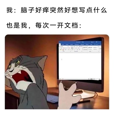 这是一张精准调侃创作卡壳窘境的梗图，上方配文分为两部分：第一部分“我：脑子好痒突然好想写点什么”，表现出人们突然涌起写作、创作的欲望；第二部分“也是我，每次一开文档：”，搭配下方的画面——《猫和老鼠》里的汤姆猫对着电脑中空白的Word文档，表情抓狂崩溃，大张着嘴，一只手抓着脸，另一只手伸向屏幕，生动还原了当人们真正准备写作时，却脑子一片空白、无从下笔的焦虑与崩溃状态，戳中了很多人在写论文、写方案、写文案时的“灵感断层”经历，极易引发共鸣。