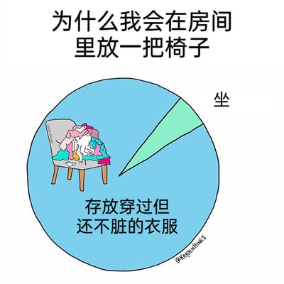 这是一张贴近生活的搞笑饼图漫画，标题为“为什么我会在房间里放一把椅子”，通过饼图的形式展现了房间里椅子的实际用途：占比绝大多数的用途是“存放穿过但还不脏的衣服”，对应图中堆满各色衣物的椅子；占比极小的用途才是椅子原本的功能“坐”。漫画精准吐槽了很多人日常生活中把椅子当作临时衣物存放处的真实场景，内容接地气，容易引发大众的共鸣感。