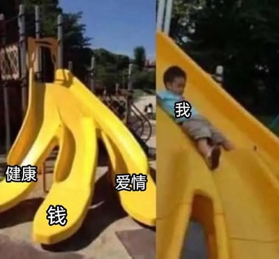 左侧画面展示一个黄色的三分支滑梯，三个滑道分别标注着“健康”、“爱情”和“钱”，象征人生中的三大追求；右侧画面中一个小孩正从其中一个滑道滑下，身上标注“我”，幽默地表现人们在面对多种选择时的情景。通过左右对比，用滑梯选择的童趣场景比喻人生中难以兼顾的选项。