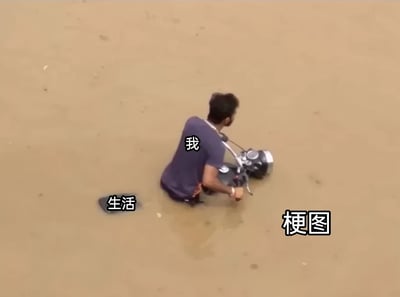 这是一张由实拍照片改编的文字加注梗图，画面呈现的是城市内涝或洪水后的场景：一名被标注为“我”的男子身处齐腰深的浑浊积水中，双手紧紧握住摩托车的车把，试图掌控车辆，但摩托车的踏板（被标注为“生活”）已经脱离车身掉在水中，整个被积水淹没的窘迫场景被标注为“梗图”。该图用夸张且写实的画面，比喻“我”在生活的困境中挣扎，被生活的洪流裹挟，陷入无奈又窘迫的处境，以此调侃和抒发对生活压力的共鸣与无奈。