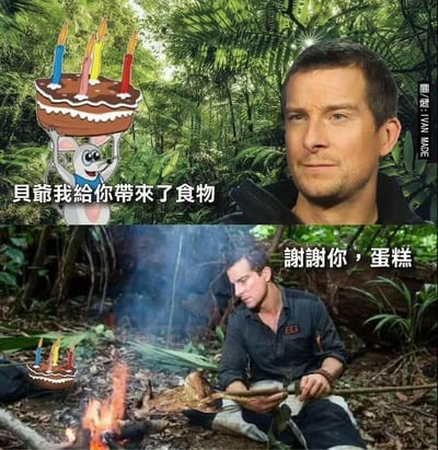 这是一张上下分栏的连环梗图，利用贝尔·格里尔斯（贝爷）在荒野求生中什么都吃的人设制造反差笑点。<br>上半部分：丛林背景里，一只举着插蜡烛蛋糕的卡通老鼠笑着对贝爷说「贝爷我给你带来了食物」，贝爷表情平静地看向前方。<br>下半部分：贝爷坐在丛林篝火前，正在烤制一只类似老鼠的动物，配文「谢谢你，蛋糕」，暗指贝爷把送蛋糕的老鼠当成了食物吃掉，玩了一个黑色幽默的反差梗。