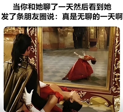 图片上方有文字：'当你和她聊了一天然后看到她发了条朋友圈说：真是无聊的一天啊'。下方是一张影视截图，画面中有一位穿着华丽贵族服饰的男子正注视着一幅画作，画作中是一位穿着红色礼服的女子优雅地弯腰。而在男子身旁，同样穿着红色礼服的女子以相似姿势靠在他身上，形成画内外呼应的视觉效果。这种对比生动地表现了当自己以为愉快的聊天对对方而言却是无聊的尴尬场景。