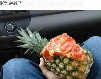这是一张创意合成的搞笑梗图，画面中菠萝的果肉部分被替换成了带有意大利辣香肠的披萨饼底，保留了菠萝顶部的绿色叶冠，被人捧在腿上，背景是汽车的内饰区域。图片顶部配有文字“形势逆转了”，玩的是美食界经典争议话题“菠萝披萨”的反向梗——原本是披萨上加菠萝的组合饱受争议，现在变成菠萝“长出”披萨，用这种荒诞的错位形式制造反差感，调侃该争议话题，充满搞笑趣味。