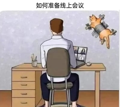 图片为卡通风格的线上会议准备指南幽默梗图。画面中一名男子背对观众坐在办公桌前，正通过笔记本电脑参加线上会议，屏幕上显示多位参会者的视频窗口。男子右侧空中悬浮着一只被机械装置固定的橘猫，猫的表情看起来有些严肃，四肢被类似支架的结构束缚。图片顶部配有文字标题'如何准备线上会议'，通过将控制宠物（猫）作为夸张的'准备步骤'，制造出幽默效果，暗讽线上会议中宠物可能带来的干扰问题。