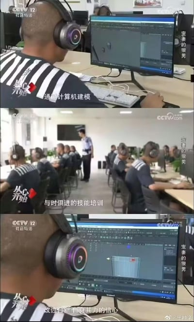 这是CCTV12社会与法频道《从心开始》栏目的三段视频拼接截图，展示了监狱内为服刑人员开展计算机3D建模技能培训的场景：
1. 特写画面：一名穿着囚服的服刑人员戴着耳机，在电脑前操作3D建模软件进行建模工作；
2. 全景画面：多名服刑人员在培训教室中使用电脑学习，有狱警在现场巡视管理；
3. 特写画面：服刑人员的电脑屏幕上显示着3D建模软件的操作界面。
画面字幕显示，该培训旨在让服刑人员掌握与时俱进的职业技能，帮助他们树立改过自新、自食其力的信心，画面右侧标注当期节目单元为《宠妻的狠男》。