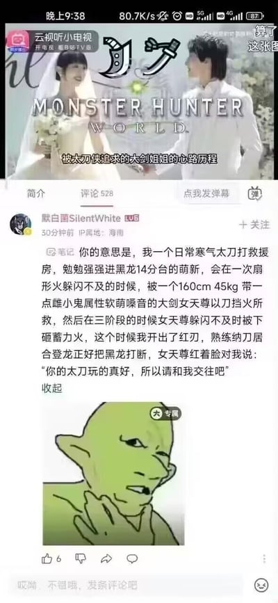 这张图片是社交媒体平台的截图，展示了一个结合《怪物猎人》游戏元素的搞笑梗图。上方是一张被修改的婚礼照片，照片中一对新人站在一起，但背景添加了"MONSTER HUNTER WORLD"的游戏标题和标志，形成了有趣的反差效果。图片配有文字"被太刀侠追求的大剑姐姐的心路历程"，将游戏角色关系与现实场景幽默结合。下方是用户"默白SilentWhite"发布的评论，讲述了一个详细的《怪物猎人》游戏情景故事，描述了一位太刀玩家与大剑女玩家之间的有趣互动。评论下方还配有一张史莱克的表情包，增加了喜剧效果。