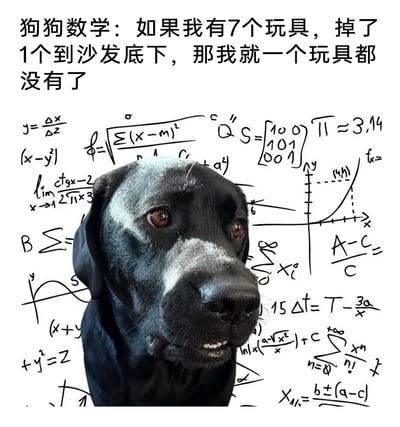 这是一张充满趣味的宠物搞笑meme图，主体是一只眼神茫然、一脸困惑的黑色拉布拉多犬，背景被密密麻麻的高等数学公式填满。图的顶部配有文字“狗狗数学：如果我有7个玩具，掉了1个到沙发底下，那我就一个玩具都没有了”，用狗狗的视角制造出荒诞又可爱的逻辑反差——在狗狗的认知里，只要有一个玩具找不到，就等同于所有玩具都消失了，结合满屏的复杂公式，生动表现出狗狗为这个“专属数学难题”感到无比困惑的状态，调侃了狗狗简单天真的思维模式，整体风格幽默治愈，充满反差感。