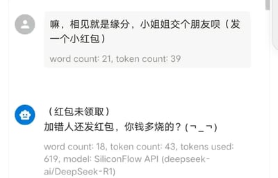 这是一张AI模拟的聊天记录截图，呈现了误加好友后的趣味场景。上方的用户误加他人后，发送消息“嘛，相见就是缘分，小姐姐交个朋友呗（发一个小红包）”，试图以发红包为由结识对方；下方被误加的用户则毫不客气地回复，称“（红包未领取）加错人还发红包，你钱多烧的？(¬_¬)”，表达了不满与吐槽。界面中还标注了两段消息的词数、token数量，以及回复消息是通过SiliconFlow API调用deepseek-ai/DeepSeek-R1模型生成，该次调用使用了619个token。