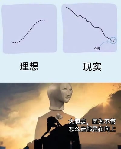 这是一张上下拼接的网络梗图，上半部分为左右对比图：左侧标注“理想”，对应一条持续向上的虚线曲线，象征人们期许的人生或发展轨迹是一路向好攀升；右侧标注“现实”，对应一条整体向下的波浪曲线，仅在末尾标注“今天”的位置有一小段向上的虚线，表现出现实中发展大多不尽人意，只有当下有短暂的回升，形成理想与现实的强烈反差。下半部分是一张视觉错位的3D渲染图，画面中一个巨大的人形模型前，有一个小人模型正在攀爬，配文“大胆走，因为不管怎么走都是在向上”，利用视觉错位的效果，将原本向下的路径转化为向上的视角，以幽默治愈的方式消解理想与现实的落差，传递出一种自我安慰、鼓励前行的情绪。