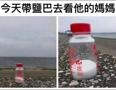 这张梗图分为两部分，左边是一瓶红盖盐罐被放在海边的场景，右边是盐罐的近景，海洋作为背景。上方配有大字：“今天带盐巴去看他的妈妈”。“盐巴”指盐，而“妈妈”暗指海水（因盐来源于海水），这是一种谐音与拟人化搞笑表达，将日常用品和自然界联系起来，形成“盐巴探亲”的幽默情境。整体风格轻松搞笑，富有网络创意。

**双关梗说明：**“盐巴”既是物品，也被拟人化，有亲情暗示，且“妈妈”指海洋，具有双关性质。