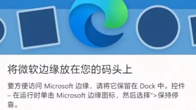 这张图是macOS系统中微软Edge浏览器的引导提示截图，上方显示了Edge浏览器标志性的蓝绿渐变波浪图标，周围是其他程序的占位图标；下方是出现严重汉化错误的提示文字，翻译时生硬地将浏览器名称“Edge”直译为“边缘”，将苹果系统的程序坞“Dock”直译为“码头”，出现了“将微软边缘放在您的码头上”这类完全不符合中文软件使用习惯的离谱表述，充满机翻生硬感，十分滑稽。