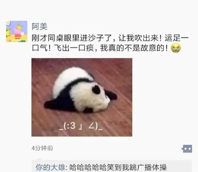 这张图片是一组社交平台上的搞笑截图，主要讲述了一个同桌眼睛进了沙子，“我”好心帮同学吹一下，结果一口痰飞出来，非常尴尬。下面配上一只趴地耍废的小熊猫照片，结合文字和形象，有强烈的幽默与自嘲氛围，下方还有评论回复“笑到我跳广场舞”。图片中的熊猫形象常见于网络表情，传达崩溃、无力和脸着地的心情。

没有明显的双关或谐音梗，但有一种“社死”与乌龙事件带来的幽默效果，很适合表达自嘲和高能尴尬的情景。