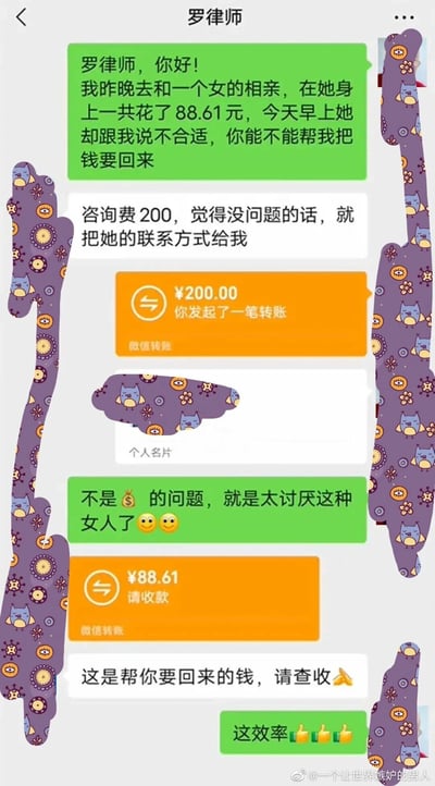这是一张经过马赛克处理的微信聊天记录竖屏截图，记录了一段充满反差感的趣味对话：一名男子在相亲中花费88.61元后被女方告知不合适，因不满想要追回这笔钱，于是联系罗律师咨询。罗律师提出收取200元咨询费，男子转账后提供了女方的联系方式，并表示自己并非在意这笔钱，只是反感这类女性。随后罗律师向男子转回88.61元，称这是帮他追回的款项，男子随即称赞律师效率高。整个事件中，男子为了追回88.61元反而支出了200元，形成了荒诞搞笑的效果。