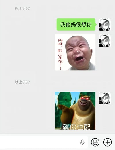 这是一张微信聊天界面截图，同一账号在晚上7:07先发送了直白表达思念的文字“我他妈很想你”，紧接着发送了一张痛哭流涕的幼童表情包，配文“妈呀，眼泪花花……”，展现出思念到情绪崩溃的状态；间隔一小时后，该账号又发送了一张魔改的《熊出没》熊二表情包，熊二双眼发红、神色嘲讽，配文“就你也配”，前后内容形成强烈的反差感，生动表现出主动想念对方后又立刻自我调侃、嘴硬否认的矛盾自嘲心态，符合很多人在亲密关系里拉扯的情绪状态。